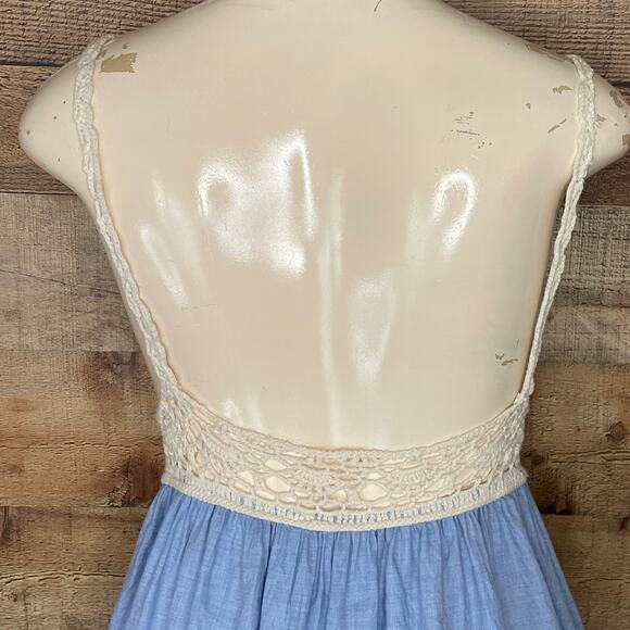 Tommy Hilfiger Crochet Chambray Dress Sleeveless Open Back Blue Ivory SZ Medium - Picture 6 of 12